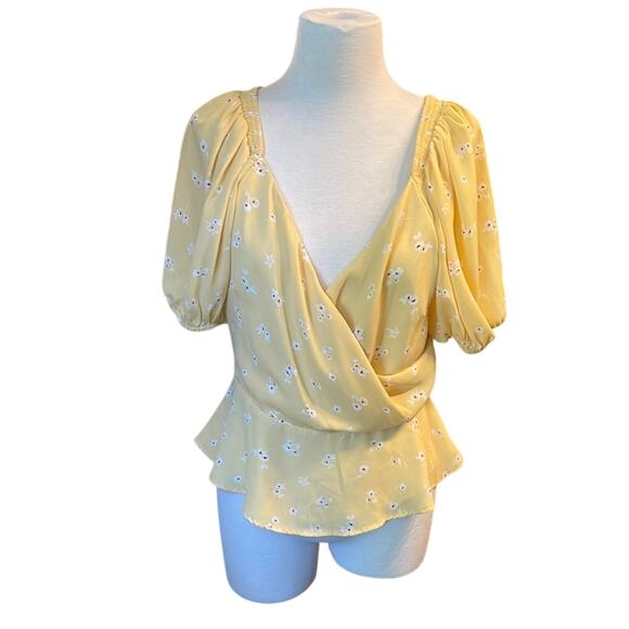 Astr Yellow Puff Sleeve Wrap Peplum Blouse - Picture 2 of 5